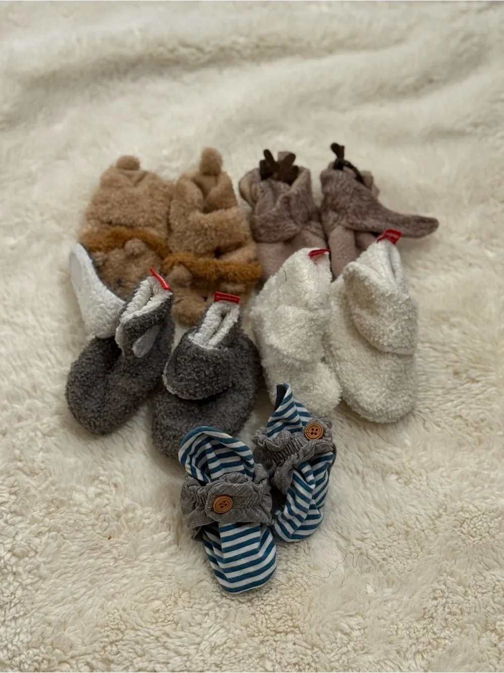 Cozy Sherpa Baby Booties - White, Gray, Brown, Tan, Blue Stripes